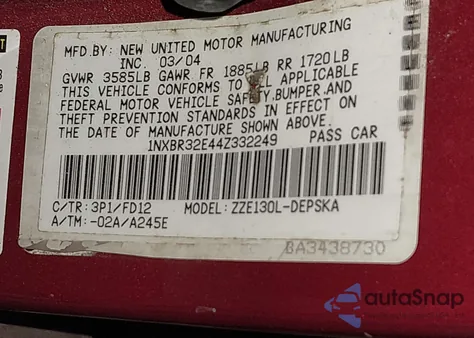 2004 Toyota Corolla Ce/Le/S from USA, damaged, VIN 1NXBR32E44Z332249